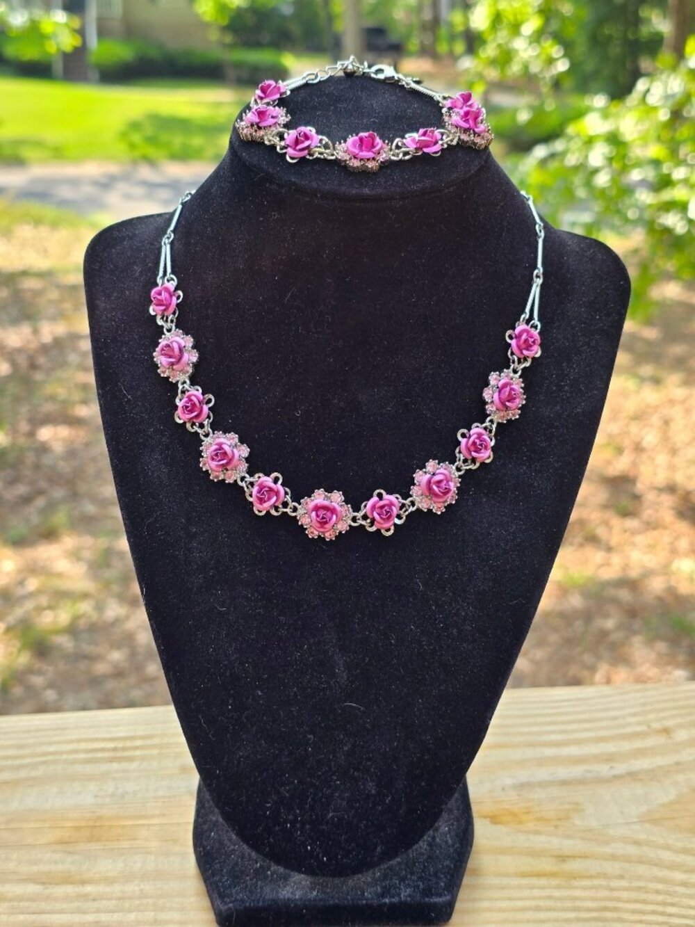 Vtg 90's Y2K Avon Metallic Frosted Pink Rose Nina Ricci Choker Bracelet 2 Pc Set - Picture 2 of 9